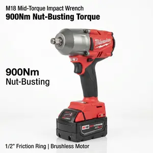 Milwaukee M18 FMTIWF12 1/2 Inch Mid-Torque Impact Wrench with 900Nm Nut-Busting Torque and 152mm Compact Design 3-Mode Drive Control for Heavy Duty Automotive and M22 Bolt Maintenance charger cordless power speed tool professional friction ring heavy-duty