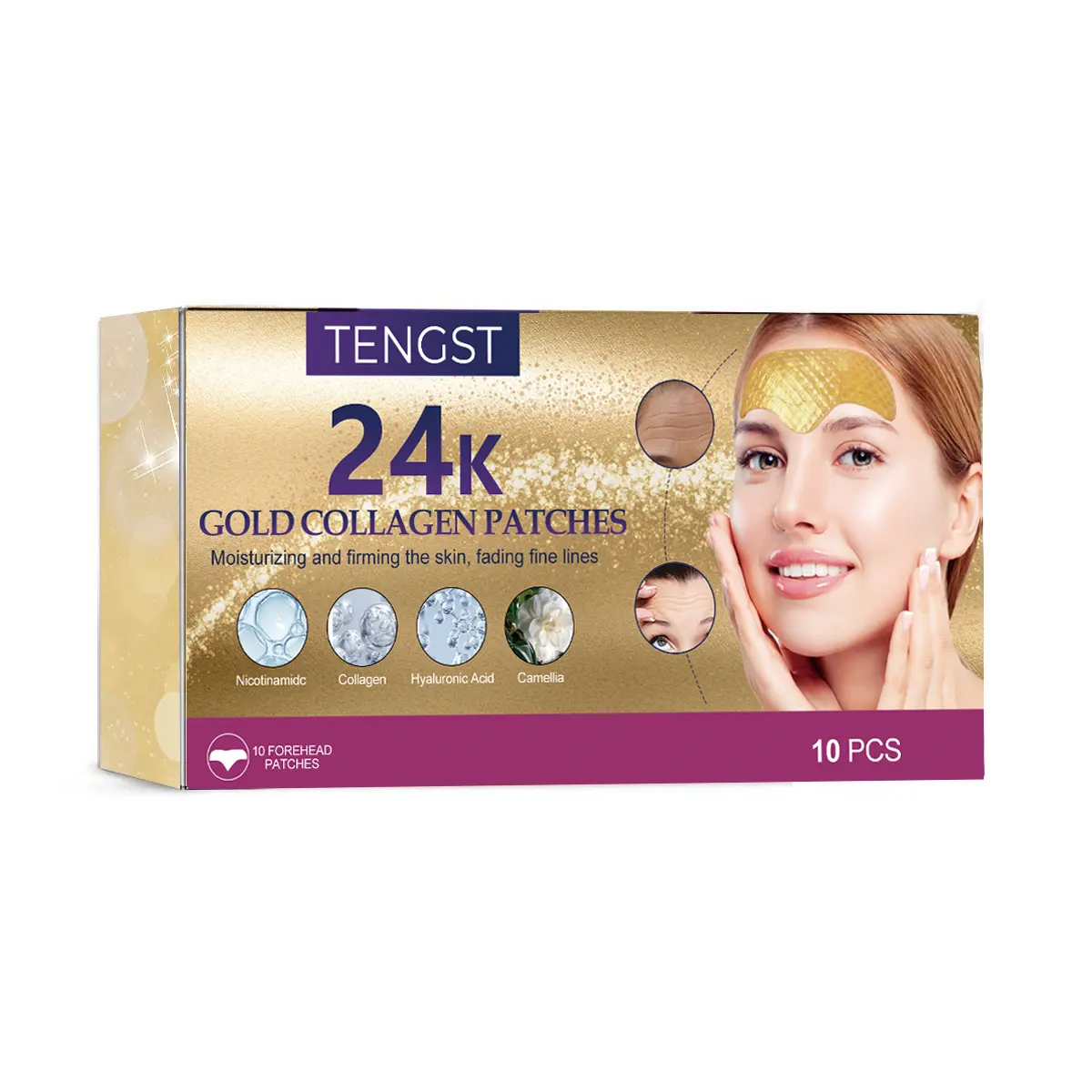 TENGST 24K Gold Forehead Wrinkle Patches 10Pcs with Aloe, Collagen, Vitamin E, Anti Wrinkle Patches, Forehead Wrinkles Treatment