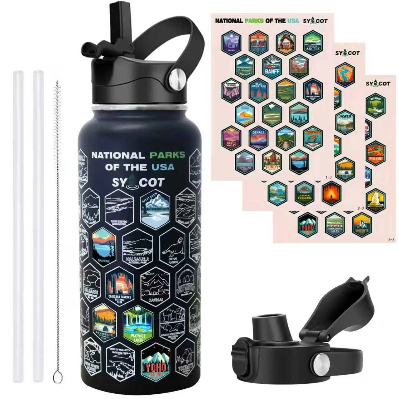 SYACOT 32oz Portable Stainless Steel Thermal Flask, Insulated Drink Bottle with National Parks Design, Leakproof with 2 Lids & 63 Stickers for Hiking, Flasks, Insulated Cup