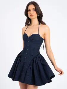 Melody Navy Blue Pinstripe Halter Drop Waist Mini Dress Melody Navy Blue Pinstripe Halter Drop Waist Mini Dress