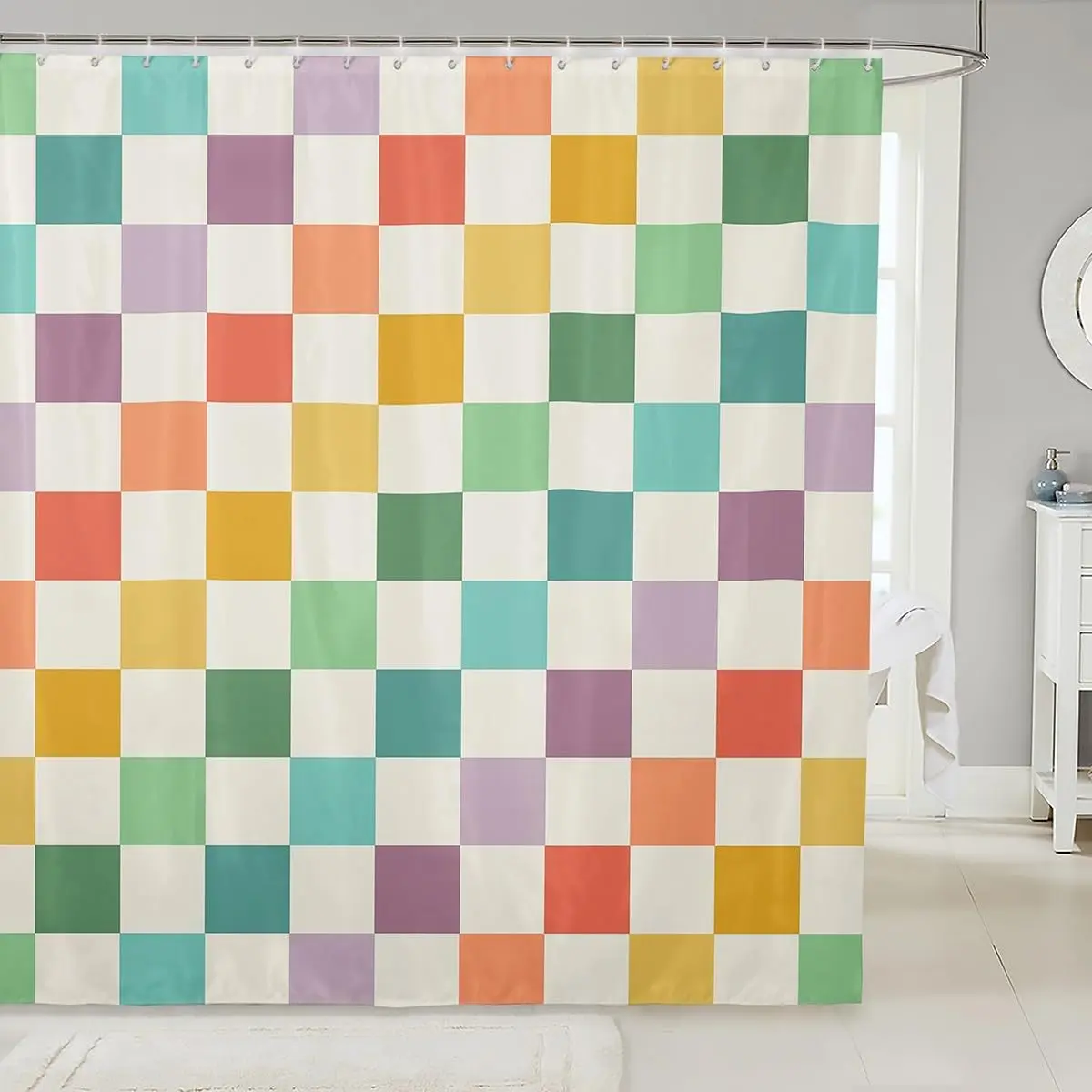 Multicolored Checkered Retro Shower Curtain Geometric Vintage Bathroom Waterproof Accessories with 12 Hooks Green Yellow Colorful Modern Room Decor