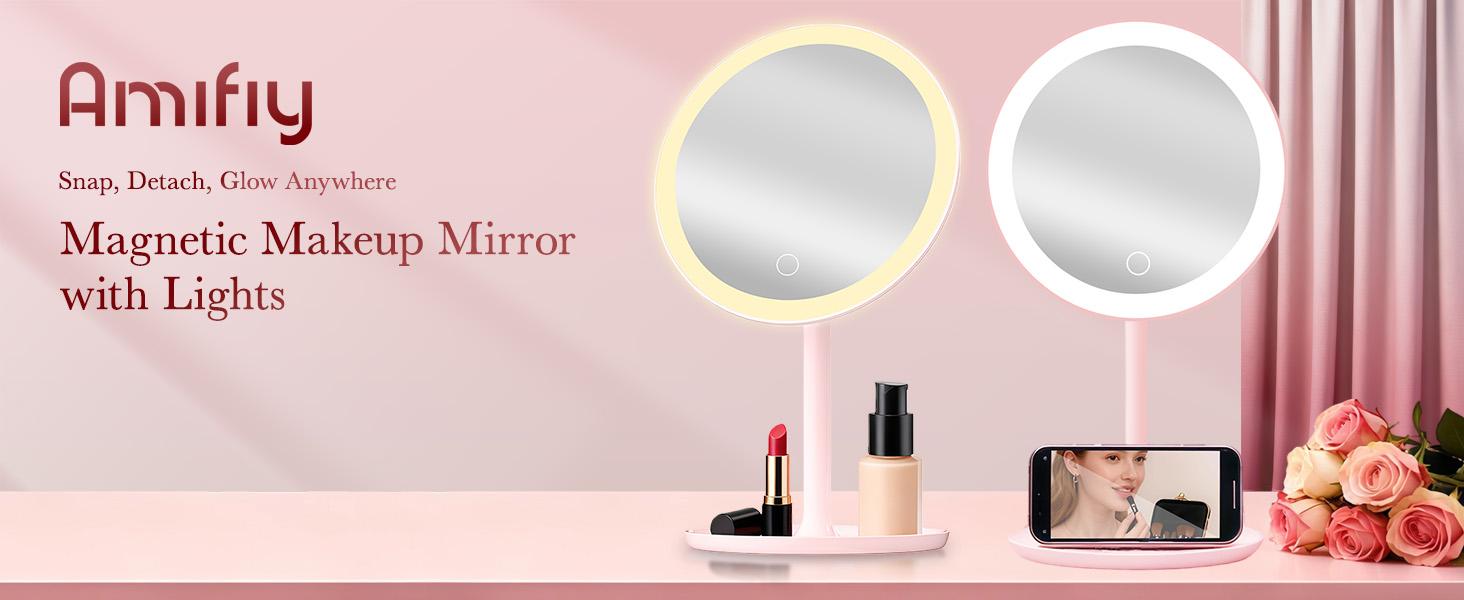 Amifiy Lighted Makeup Mirror — 4-in-1 Rechargeable Magnetic Beauty Mirror, 360° Free Rotation (Pink), 3 Color Modes & Adjustable Brightness, Detachable Design, Portable Lighted Makeup Mirror for Desktop & Travel Use