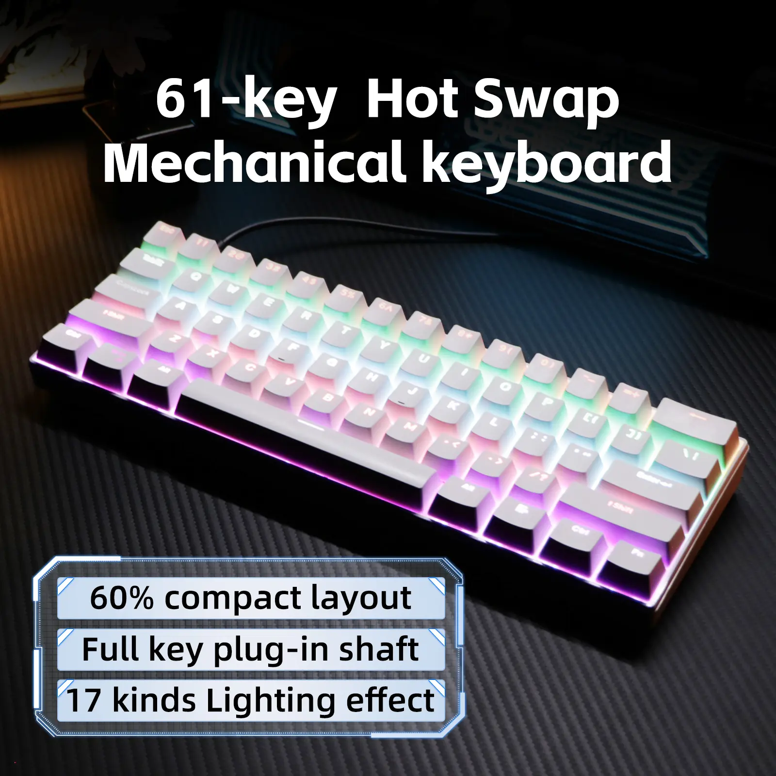 KL61 61-Key Single Mode Wired Mechanical Keyboard, Lighted Model with 21 Anti-Ghosting Keys, 17 RGB Lighting Effects, US Layout Gaming Keyboards for Windows Mac Android Linux