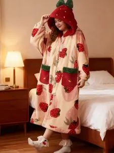 New Strawberry Print Plus Size Women's Robe Bathrobe, Autumn Winter Coral Fleece Warm Loose Loungewear, Gift for Girlfriend