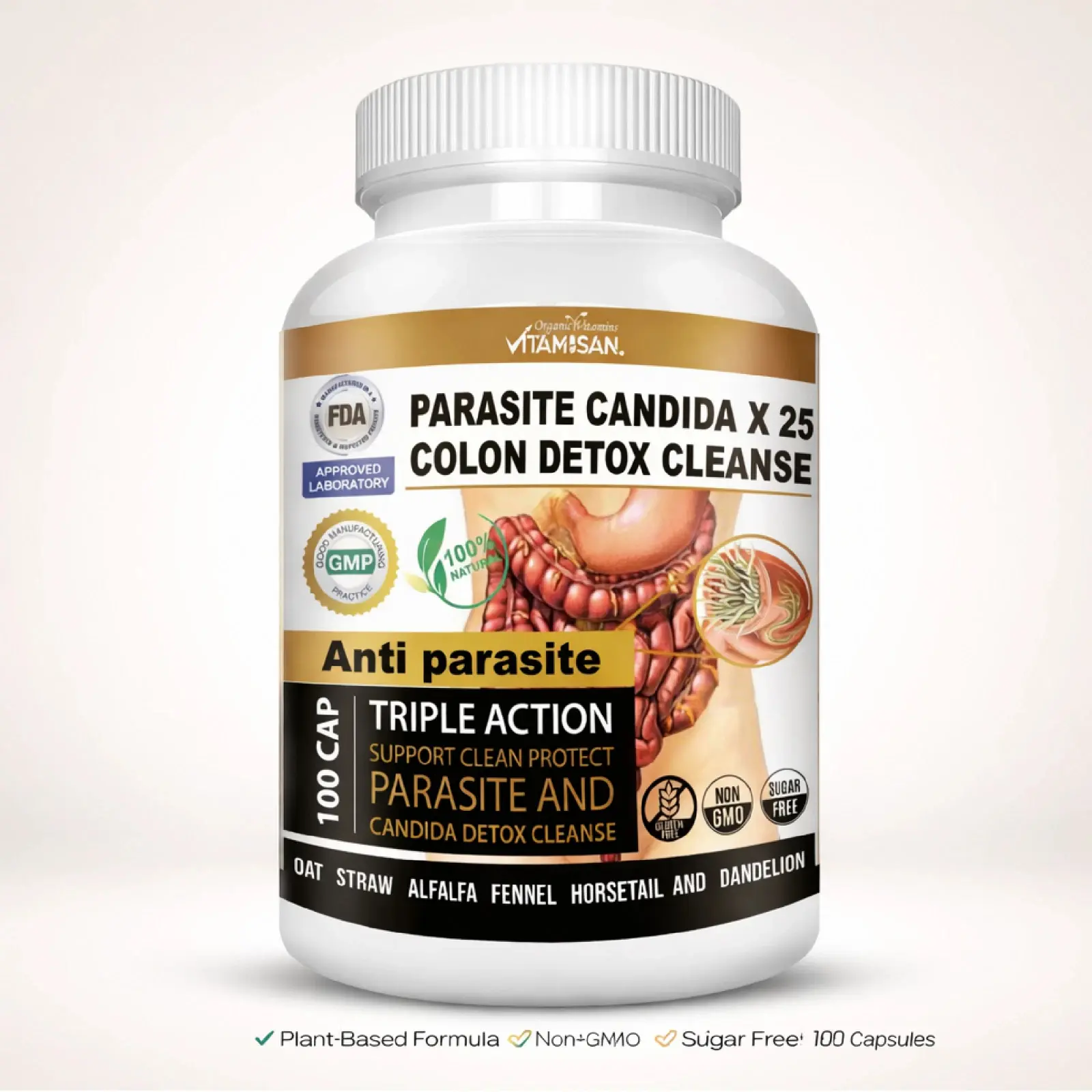 Colon Detox Cleanse Parasite Candida 100 Capsules Natural Herbal Suppleement