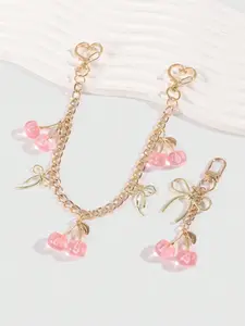 Bowknot & Heart Chain Bag Charm Paired With A Pink Cherry Keychain High Quality Fade-Resistant Sweet And Versatile Fashion Trends Multiple Styling Options For Bags And Keys Suitable For Commuting, Dating, And Outings