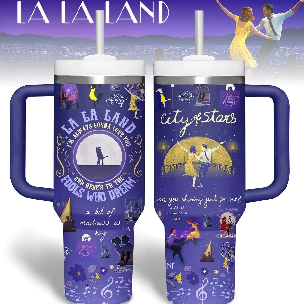 La La Land Movies Tumbler With Handle, Music Lover Gift, Fan Merch Tumler