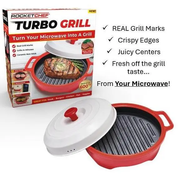 Rocket Chef Turbo Ceramic Microwave Grill Single Set – Heat-Stable Cookware Set Kitchen Appliance with Lid, Cover, Handles, Pre-Heats/Reheats for Quick Meals, Creates Grill Marks
