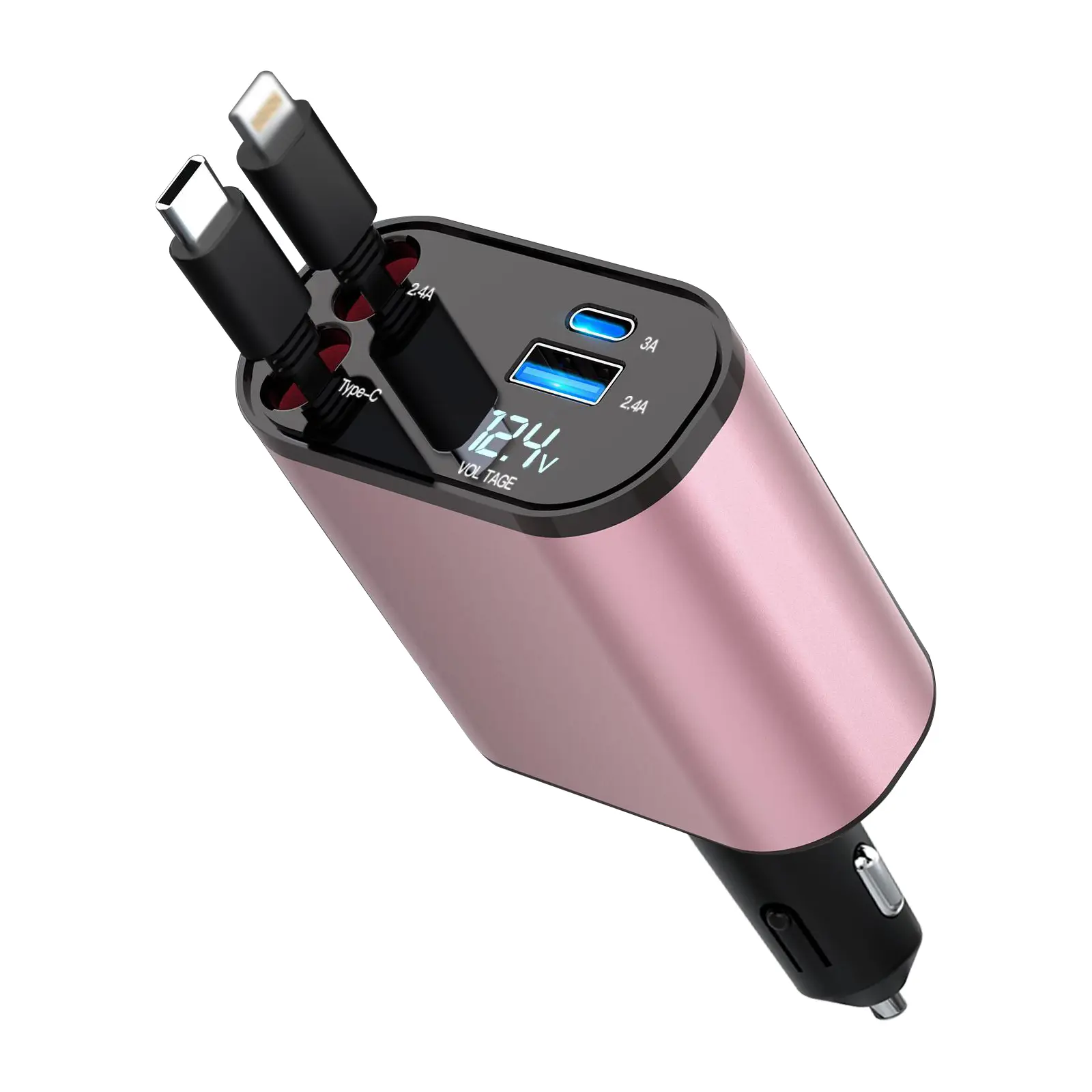 4 in 1 Retractable Car Charger,USB C Fast Charging Cable[Max100W] with Lighting Cable&Dual Port Compatible with iPhone,Samsung,Google Pixel, Tablets