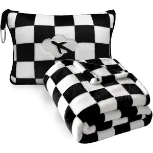 Travel Blanket and Pillow Compact, Premium Soft 2 in 1 Airplane Blanket with Soft Bag Pillowcase Hand Luggage Sleeve and Backpack Clip (Checkered Black)