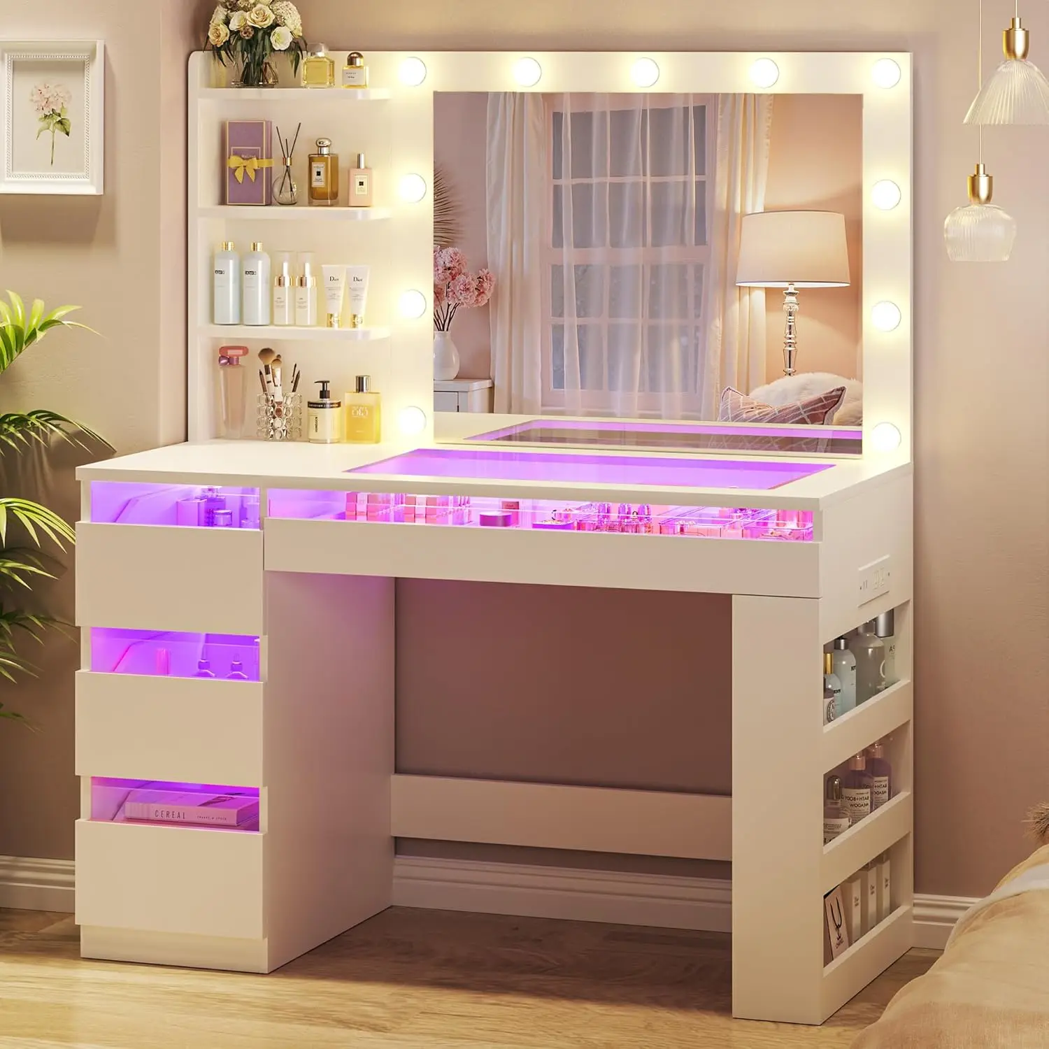 LED Makeup Dressing Desk, Stylish Glass-Top Drawer-Style Vanity with Lighted RGB Vanity Mirror, 4 Transparent Drawers, Built-In Power Outlet, 3-Tier Side Shelves for Bedroom, Vanity Mirror With Light,dorm essentials,home decor