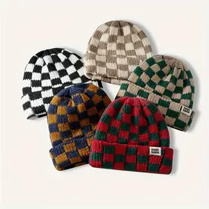 Women Stylish Checkered Acrylic Beanie with Logo Patch - Stretchable, Hand-Washable Knit Hat for Men Warm Winter Streetwear