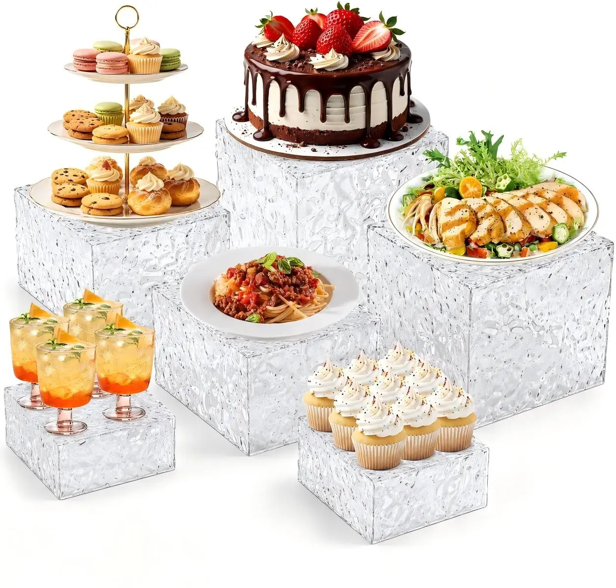 6 Pack Acrylic Buffet Risers, Wave Texture Display Risers for Dessert Table, Stackable Food Display Stands for Parties, Weddings & Events, Clear Acrylic Cake Stand Set for Cupcakes, Appetizers & Decorations(4" 5" 6" 7" 7.5" 8")