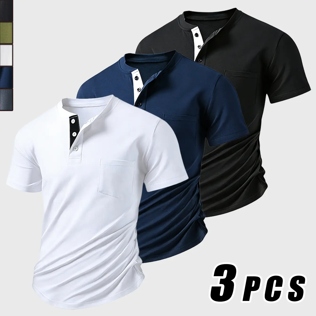 Menswear 3-Piece Classic Slim-Fitting Men's Cotton-Spandex Fabric Short-Sleeve Henley Tee, Casual T-Shirt with Pocket (Summer Vibes), Shortsleeve, Plain