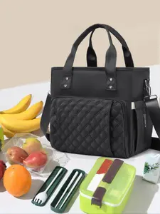 Women's Solid Color Quilted Design Lunch Bag, Large Capacity Waterproof Shoulder Bag for Work & School, Casual Trendy Versatile High-quality Daily Commuting Bag