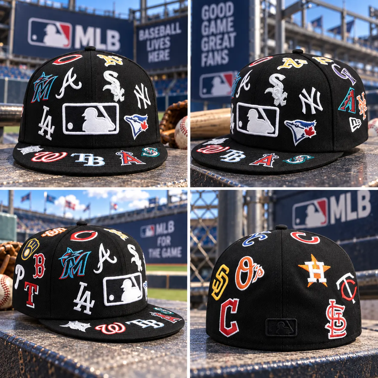 MLB Logo Scramble 59FIFTY Fitted Hat – Black All-Over Embroidered Baseball Cap