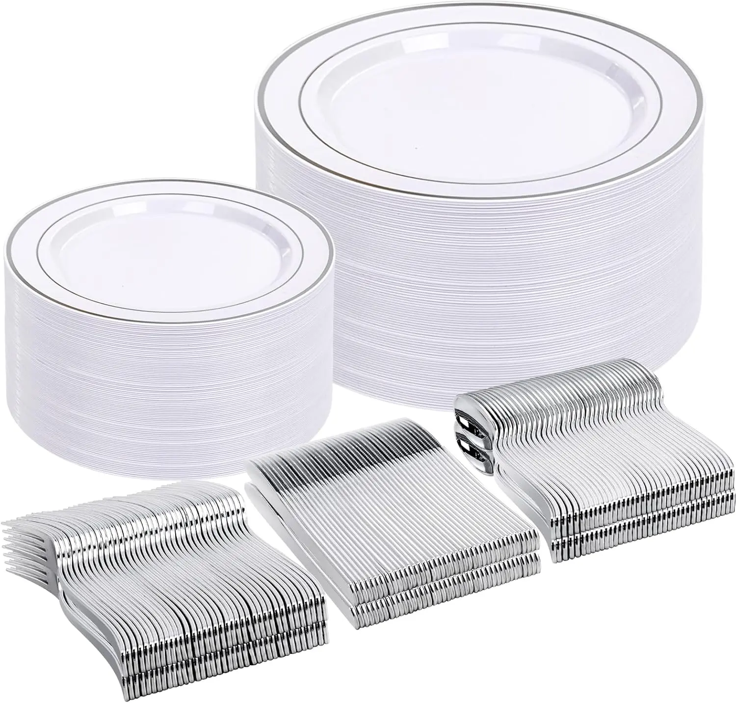 Wellife Disposable BPA-Free Plastic Dinnerware Set (500pcs) - 100 Dinner Plates, 100 Salad Plates, 300 Silver Plastic Silverware, Heat Resistant for Hot Foods, Parties, Wedding