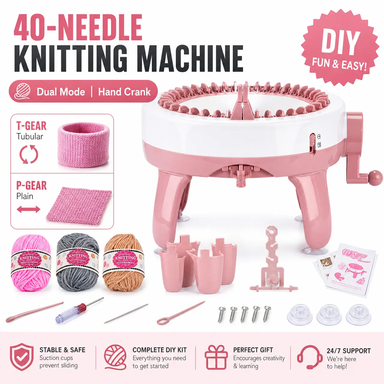 40-Needle Round Weaving Machine for Kids - Portable Hand Crank Loom, Includes Yarn & Needles, Ideal for Homemade Beanies & Scarves