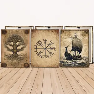 3 Counts Wooden Framed Canvas Painting, Norse Mythology Viking Art Images, Exquisite Poster, Perfect Living Room Decoration, Modern Art, Fashion Family Poster, Vintage Wall Art Decoration, Waterproof Art