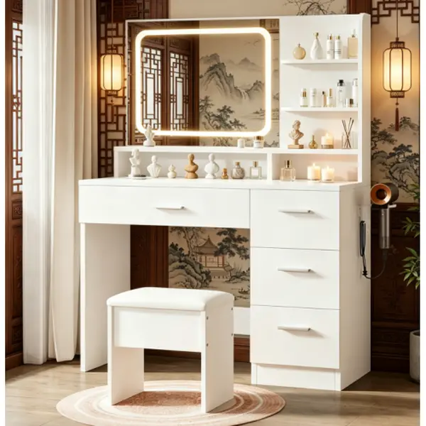 Bellemave Elegant vanity includes lighted mirror and storage drawers; white makeup table for women; suitable for various settings including bedrooms, living rooms, and dorms