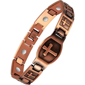 Pure Copper Bracelet for Men dad husband , Mens Copper Cross Magnetic therapy Bracelet, Copper energy Jewelry  with Sizing Tool health pulsera sanadora christian wristband Classic arthritis relief joint support