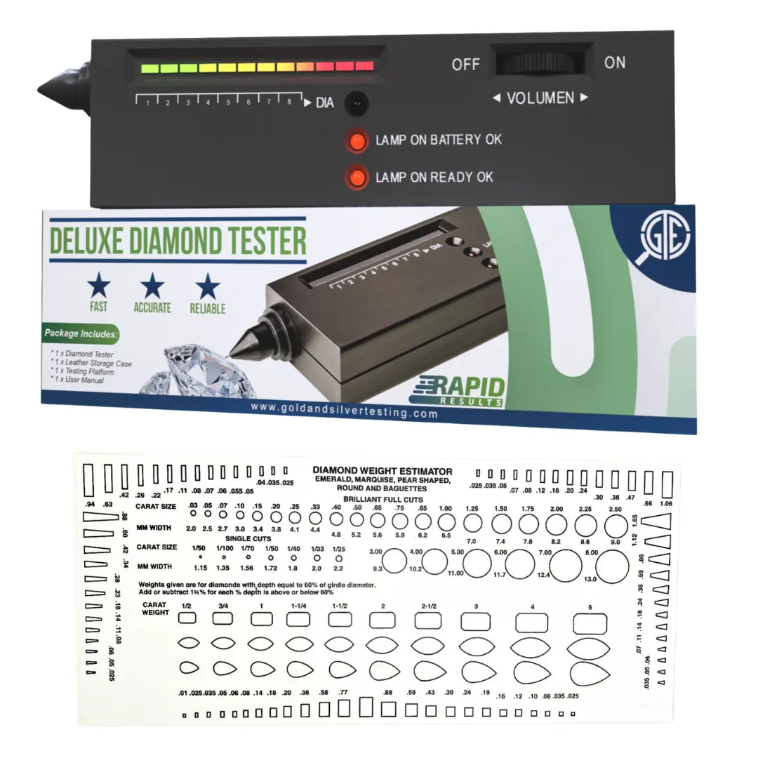 GTE Diamond Tester Selector Kit - Gemstone Authenticity Testing Tool with 1.6in x 1in x 0.7in Digital Magnifier, LCD Display, LED Indicator for Quick, Precise Round, Pear Shaped Genuine Gem, Simulant Testing