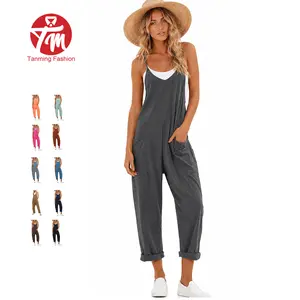 Tanming Women's Casual Strappy V-Neck Sleeveless Harem Overalls - Stretchy Adjustable Strap Romper with Pockets, Basic Women's Clothes for Spring Statements