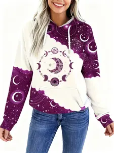 Women's Purple Starry Sky Print Hoodie Western Pullover Top Casual Long-sleeved Hooded Sweatshirt