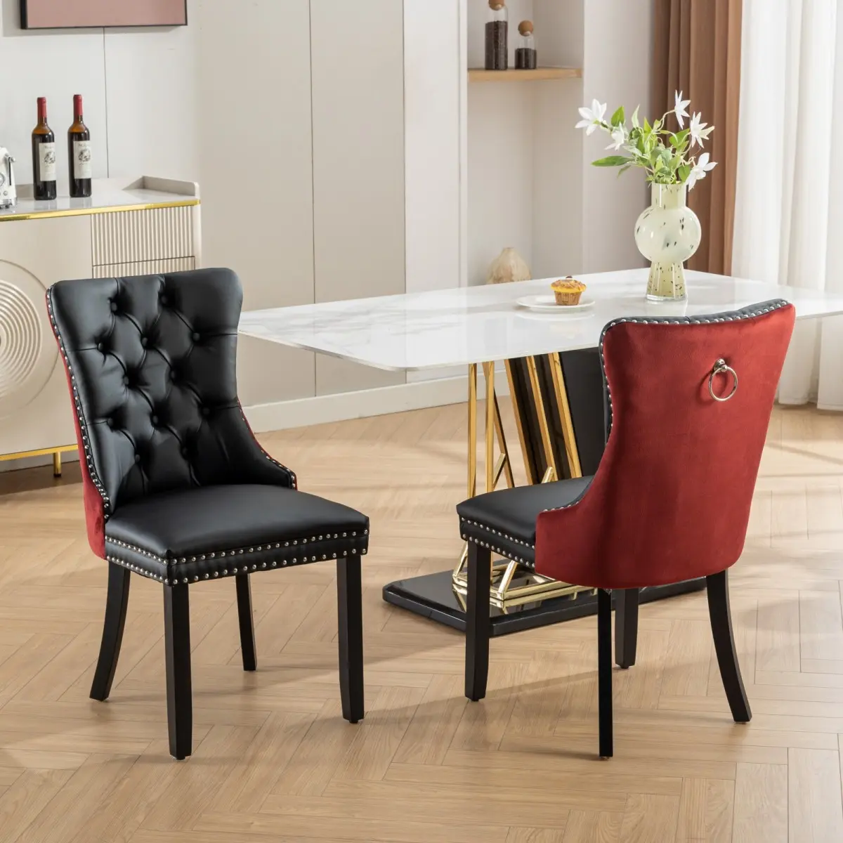 Furniture, Nikki Collection Modern, High-end Tufted Solid Wood Contemporary PU and Velvet Upholstered Dining Chair with Wood Legs Nailhead Trim  2-Pcs Set, Black+WineRed, Burgundy,SW2101BW, Black Dining Chairs, Modern Dining Chairs