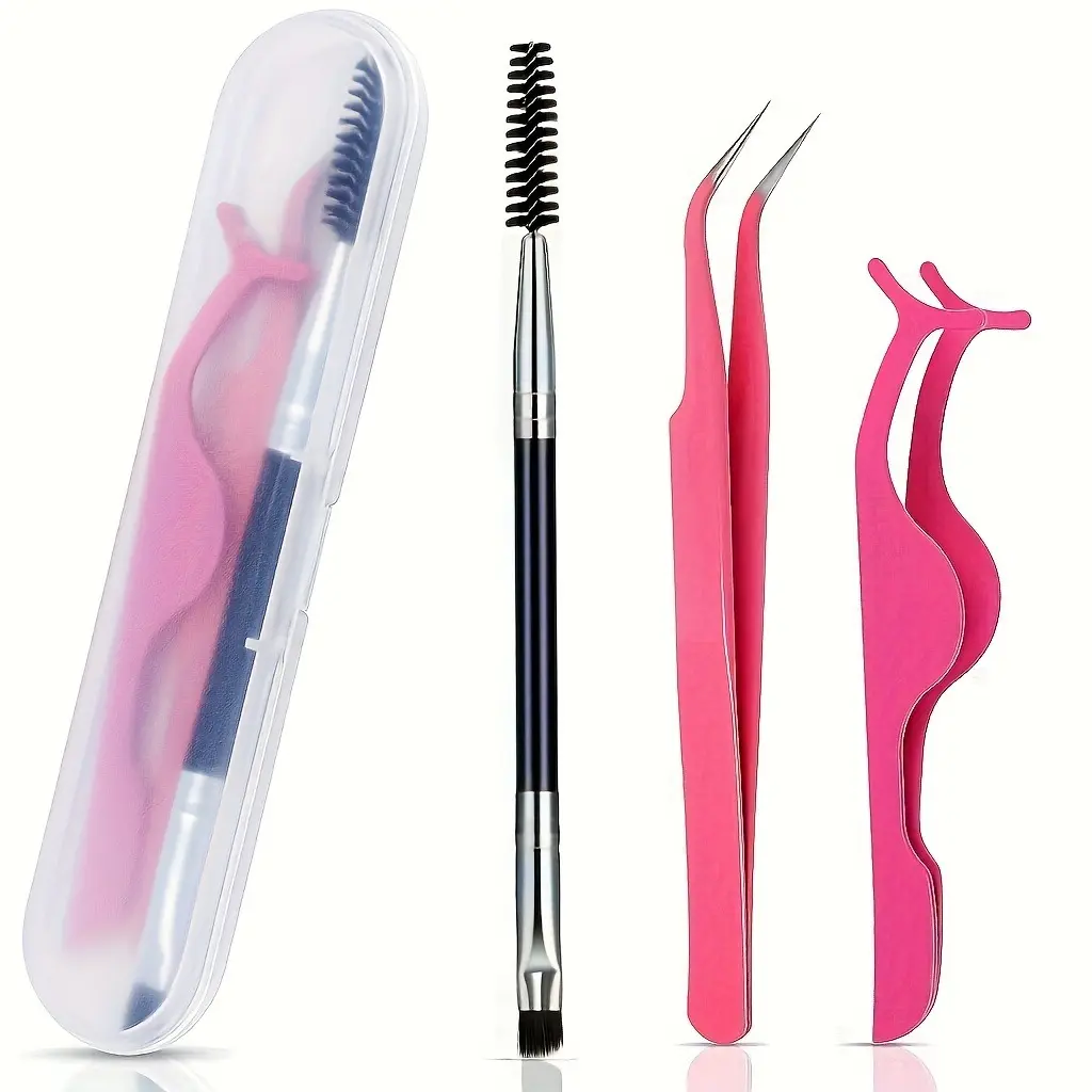 3pcs Set Curved Nib Eyelash Tweezers Kit - Eyelash Curlers with Extendable and Adjustable Curler, Soft Bristle Brush for Lash Definition and Separation - Easy to Use, Travel-Friendly, and Compact Design Eyelash Tools