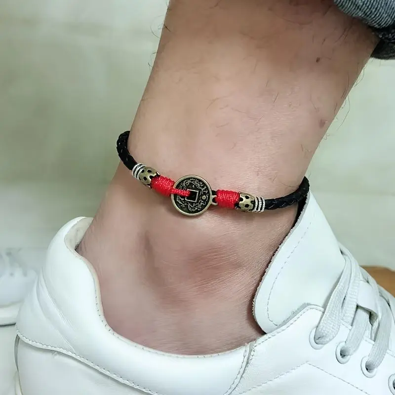 Male 50s Style Casual Everyday Anklets - Black Rope, Coin Accent, Easy-to-Wear Stainless Faux Leather String Retro Dark Fashion Accessory, Dark Style, One Size, Novelty Coins