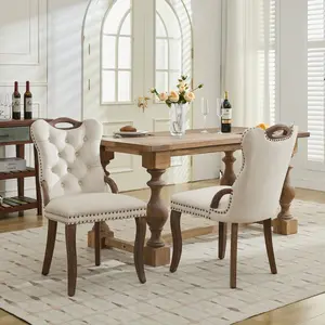 2-Piece Velvet Upholstery Dining Chair Set - Handmade Tufted Trim, Solid Wood Top and Side Handles, Vintage Copper Nail Decor, Curved Solid Wood Legs, Elegant Design