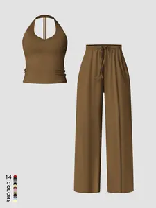 Women's Quick-Dry Sports Tank Top, Casual High-Waisted Bell Bottoms, Comfortable Sporty, Workout Sets, All-Season Plain Style