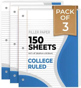 Loose Leaf Paper, 450 Sheets, 3 Pack, College Ruled Paper, 8" x 10.5", Bulk Office Filler Paper, 3 Hole Punched, 150 Sheets/Pack, 56 gsm Paper, College Ruled Notebook Paper for Binder, White