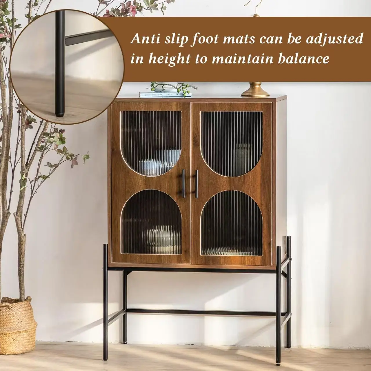 Arched Fluted Glass Sideboard Cabinet 41.34 Inch Tall Wooden Freestanding Storage Cabinet with Solid Metal Legs for Entryway Kitchen Living Room Farmhouse Home Decor