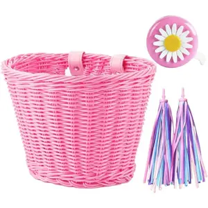 Bike Basket Kid Bicycle Basket Bike Accessories 1pc Bicycle Bell with Stickers 1pc Kid Bicycle Front Basket and 1pairs Colorful Ribbons Tassels Decoration for Girl Boy
