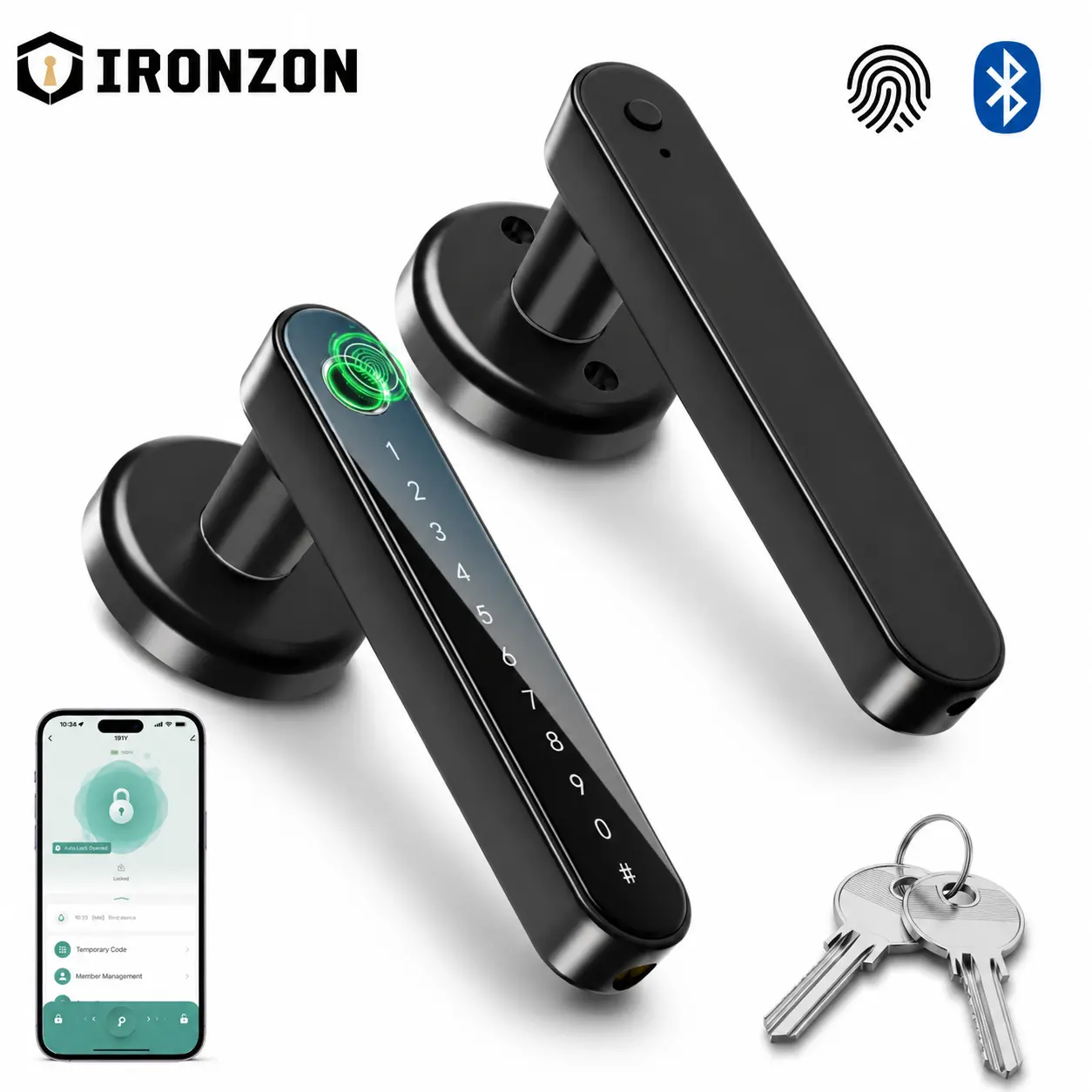 IRONZON 4-in-1 Smart Fingerprint Door Lock, Keyless Entry Door Handle Lock with Fingerprint, Keypad Code, App Control & Physical Key, Auto Lock Privacy Mode for Bedroom, Home, Apartment, Office & Interior Doors