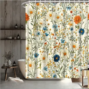 2D Flat 1pc 70.9x70.9 Inch Shower Curtain Lemon and Flower Floral Pattern Shower Curtain, with Lemon Slices and Plant Leaf Prints - White, Yellow, Blue, Green Bathroom Decoration, Fabric Texture, Bathroom Accessory, Printed Shower Curtain