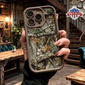 Woodland Camouflage Tree Branch Nature Pattern Phone Case for iPhone 17 16 15 14 Pro Max 13 12 11 XR XS Plus Air Samsung Galaxy S25 S24 S23 Slim Shockproof Anti Drop Protective Durable TPU Cases Design lurvia soft cover