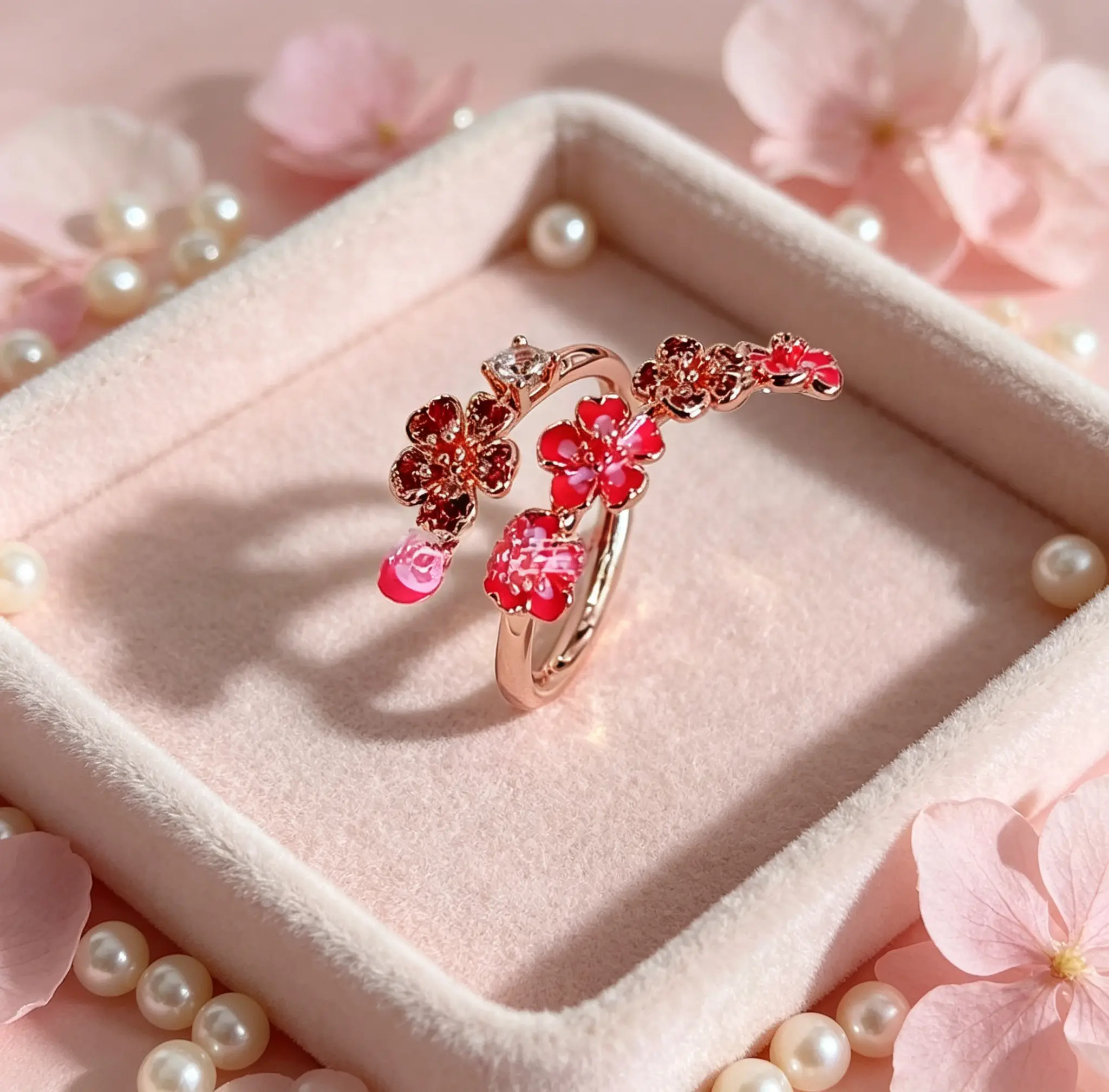 Peach Blossom Ring for Women, Pink CherryBlossom Adjustable Ring, Floral Open WrapBand Jewelry, Sparkling Cubic ZirconiaFlower Ring, Bridesmaid Wedding Jewelry,Minimalist Everyday Accessory, BirthdayAnniversary Gift for Her