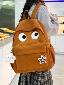 2025 Autumn and Winter New Style Cute Large-Capacity Multi-Pocket Backpack, Fashionable Cartoon Big Eyes Corduroy Backpack for Girls/Students, Casual Travel Bag with Small Pendant, Minion Backpack, Durable Backpack