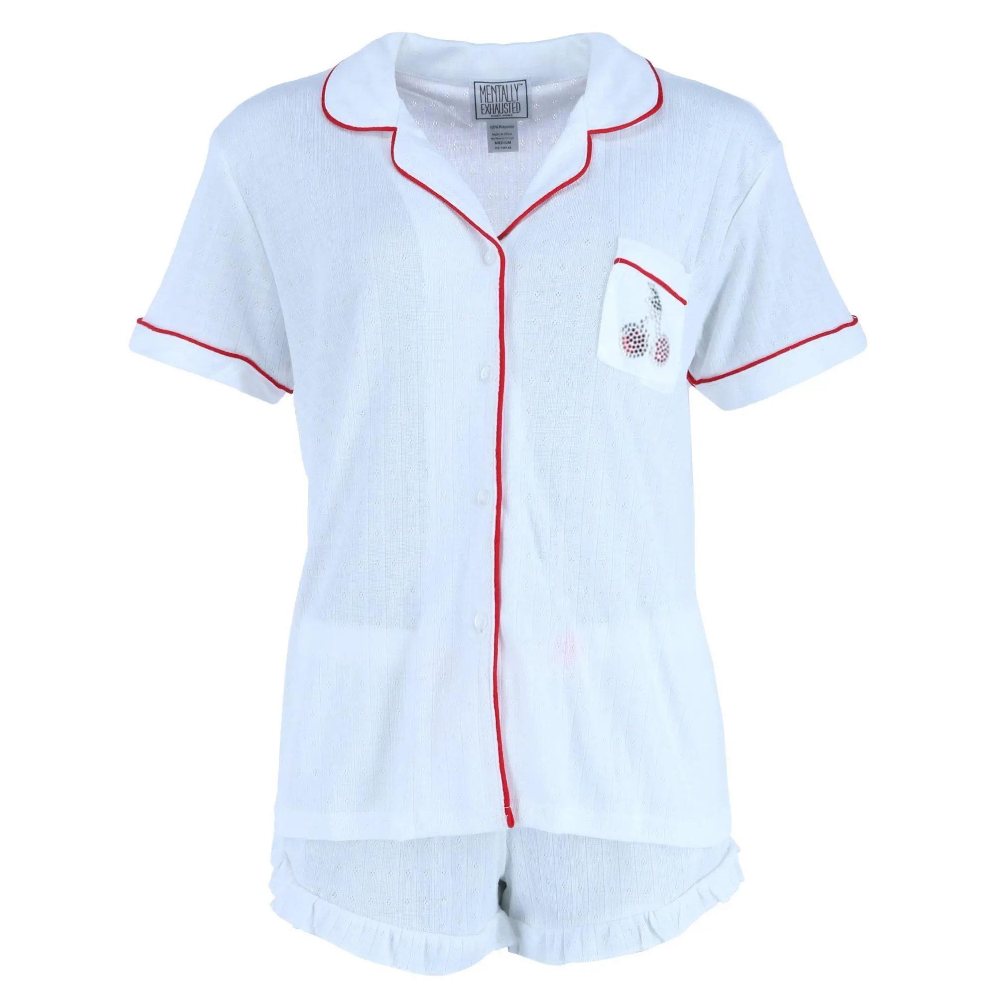 Lady's 2-Piece Elastic Pointelle Pajamas Set - Women's Short-Sleeve Shirt, Notch Shorts, Solid Loungewear with Rhinestone Cherry, Shortsleeve