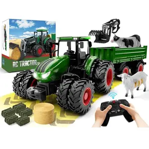 Remote Control Tractor Toy, Kids RC Tractor Set & Truck and Trailer Front Loader - Metal Car Head/8 Wheel/Light, Farm Vehicle Toys