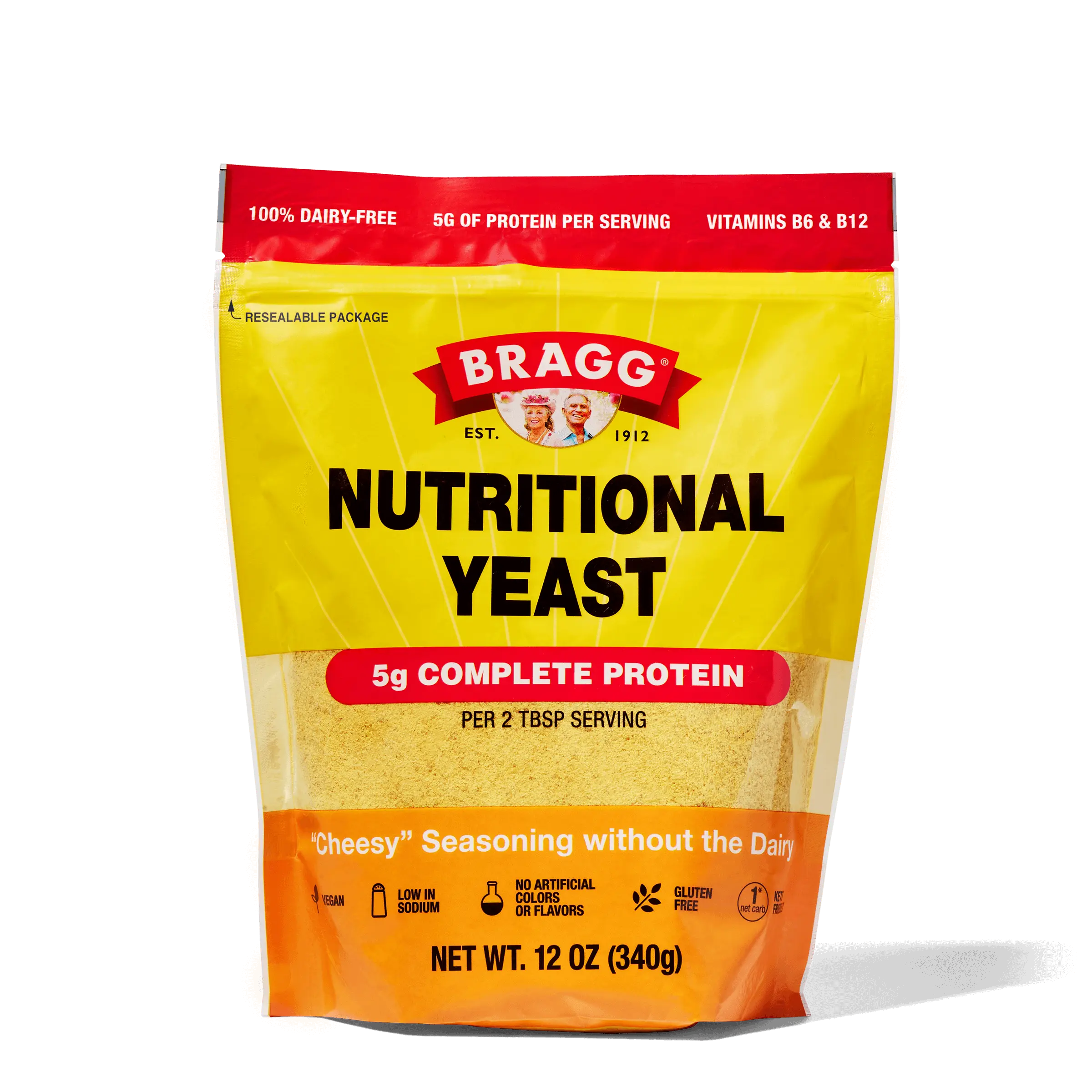 Bragg Premium Nutritional Yeast Seasoning - Vegan, Gluten Free – Good Source of Protein & Vitamins – Nutritious Savory Parmesan Cheese Substitute - Original, 12 Ounce