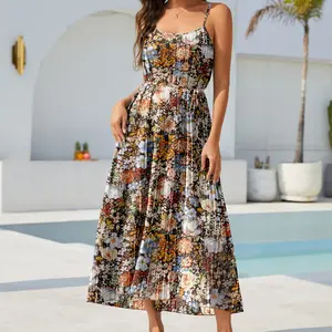 Women's Pleated Dress Chiffon Adjustable Spaghetti Strap Floral Long Dress