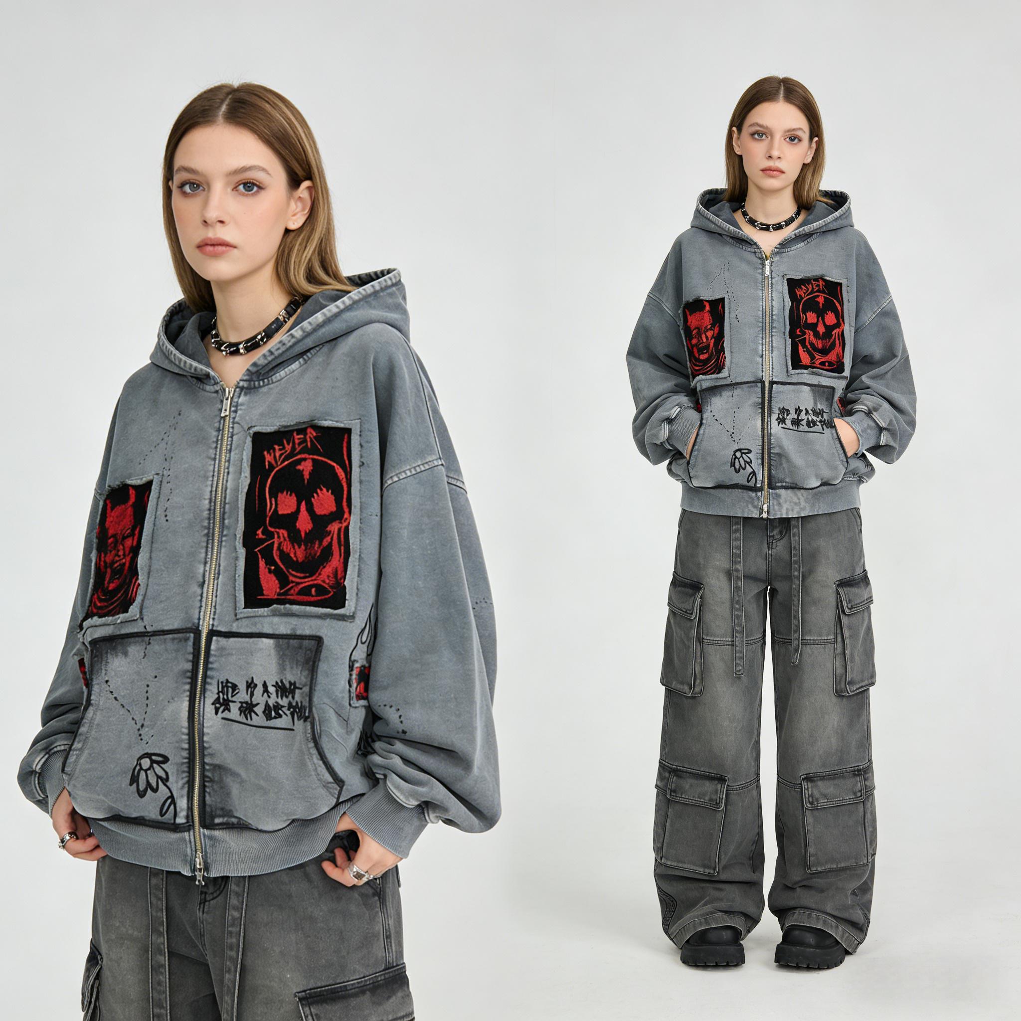 Vintage Washed Grey Oversized Zip Up Hoodie, Gothic Skull Demon Graphic Print Streetwear, Y2K Grunge Embroidered Patchwork Jacket, Punk Harajuku Casual Sweatshirt for Men Women