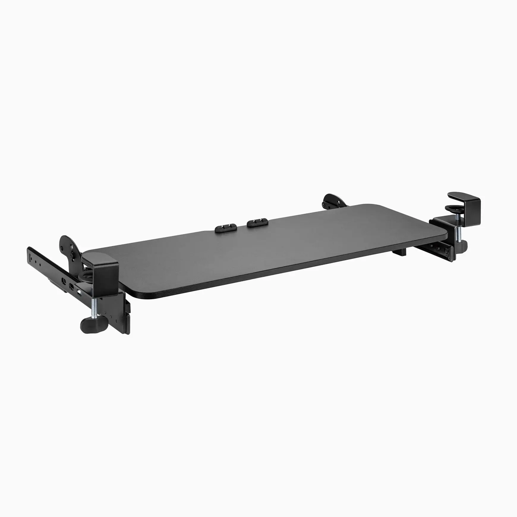 Desky Keyboard Tray - 27” Sliding Keyboard Tray with Easy-Height Adjustment, Rubber Pads on Mounting Clamps, and In-Builder Cable Management