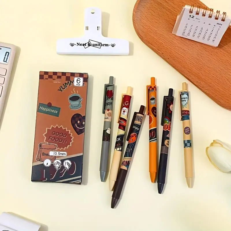 6pcs in 1 box cute retro gel pens, Aesthetic Pens, retractable gel pens with 0.5mm black ink for smooth writing, perfect for cute stationery, journaling and office or school supplies, Junk Journal Supplies