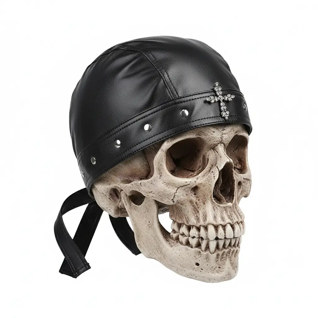 Studded Skull & Cross Casual Hat, Unisex Camo Durag with Sweatband, Skull Cap Bandana for Chemo Head Wrap, Accessories For Women, Streetwear, Engagement, Novelty Cap, Pu Leather, Lamb Skin, Adjustable, 54-58 Cm, Rag Cap