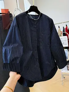 Elegant Korean-Style Loose Fit Striped Long Sleeve Button Blouse for Women, Womenswear Autumn Casual Round Neck Top, Unique Design, Comfortable Wear, Casual Comfy Shirt, Casual Everyday Top